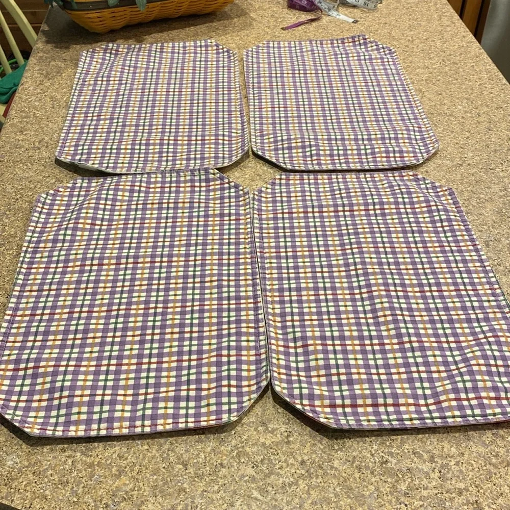 Longaberger 4 Placemats Fruit Medley and Blueberry Plaid USED WITH FADING/STAINS